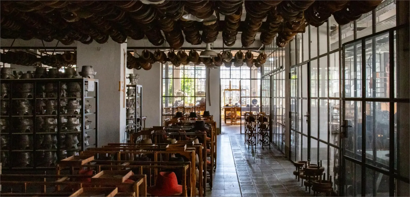 The corridor of wooden hat blocks